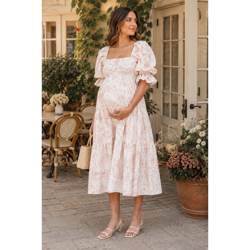 Nothing Fits But Kiki Maternity Toile Smocked Midi Dress Pink XXL Puff Sleeve